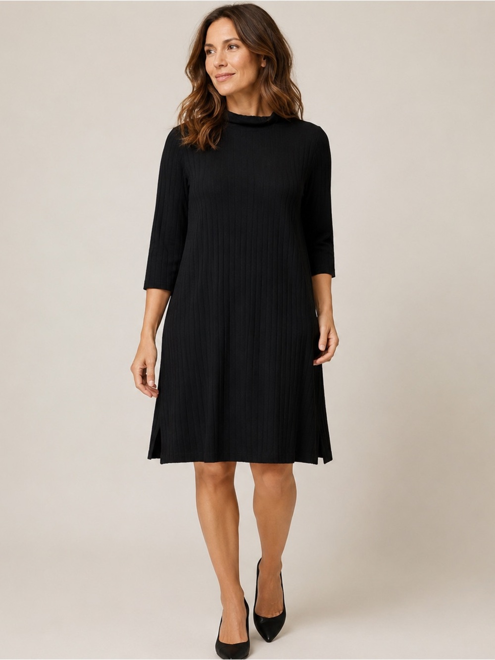 Eileen Fisher Dress Women's Large Black Rib Knit 3/4‎ Sleeve Side Slit Mock Neck